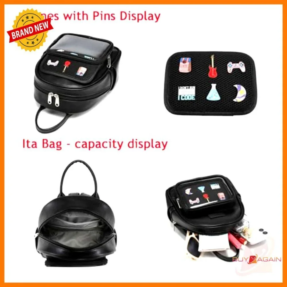 Clear Window Ita Backpack for Anime Pins Display, Vegan Leather, 11.5x8x1 Inches